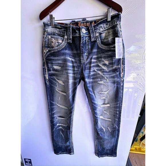 NWOT ROCK REVIVAL MEN'S JEANS 36 Garrick Slim Straight Stretch DESTROYED - Picture 5 of 16